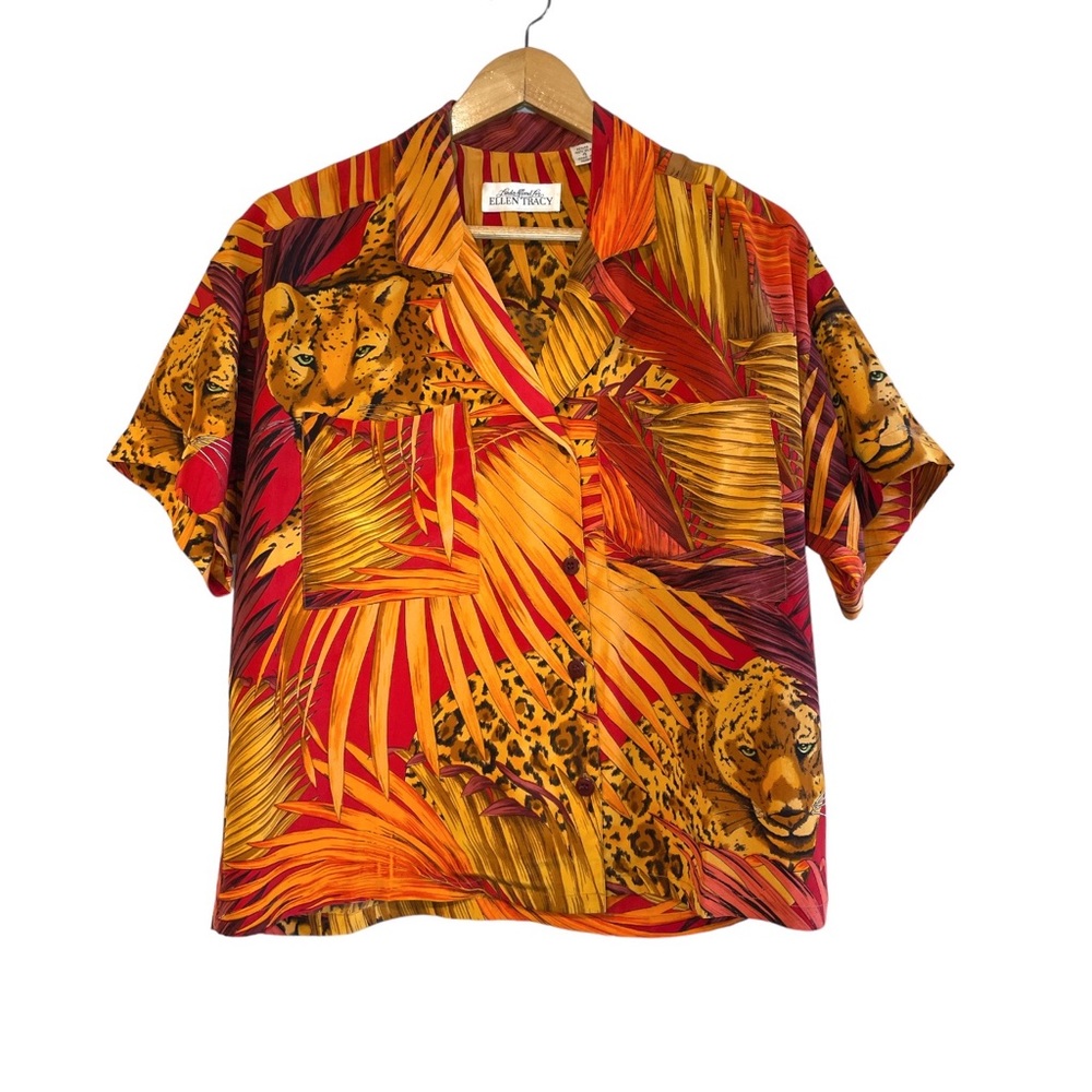 Vintage Leopard Silk Button Down Linda Allard for Ellen Tracy Oversized fit Sz 4